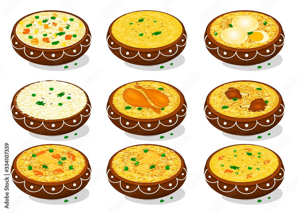 Fototapeta premium All Rice Dish Like Chicken,egg,Mutton Biryani,Khichdi,Pulao,Fried rice,Veg Biryani Food Vector