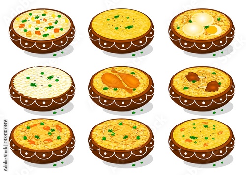 All Rice Dish Like Chicken,egg,Mutton Biryani,Khichdi,Pulao,Fried rice,Veg Biryani Food Vector