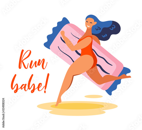 Run babe. Young smiling girl with blue hair and red swimming suit running with rubber inflatable mattress. Summer seaside beach party. Flat colourful vector illustration isolated on white background.