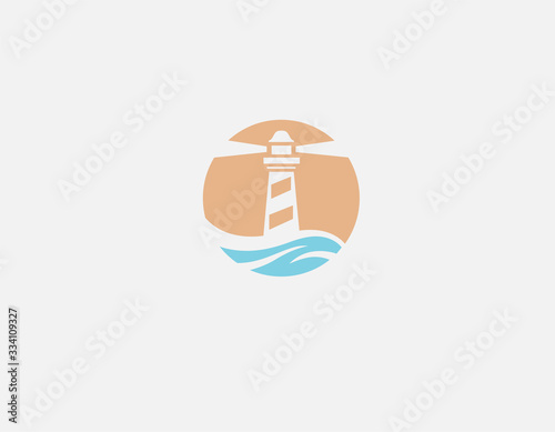 Creative logo icon of blue and orange colors lighthouse and sea inside a circle for your company