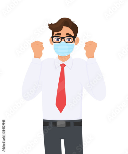 Excited young businessman wearing face medical mask and showing raised hand fist. Trendy person covering surgical mask and gesturing success symbol. Male cartoon design illustration in vector style.