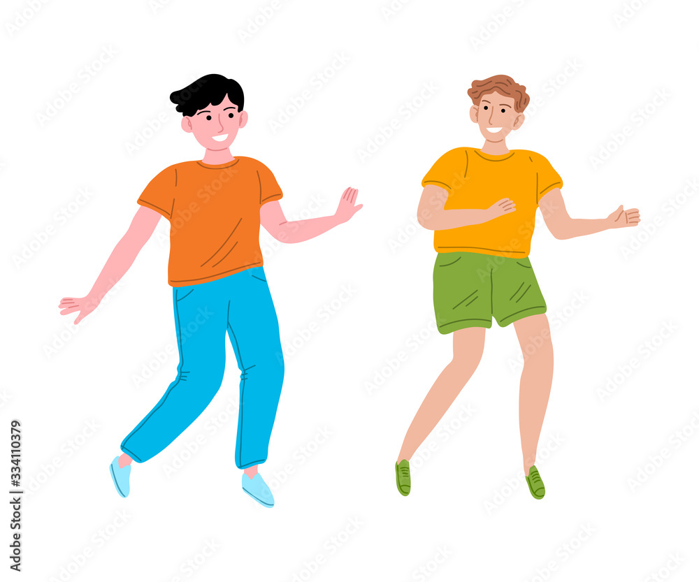 Smiling kids boys friends in sports clothing playing outdoors vector illustration