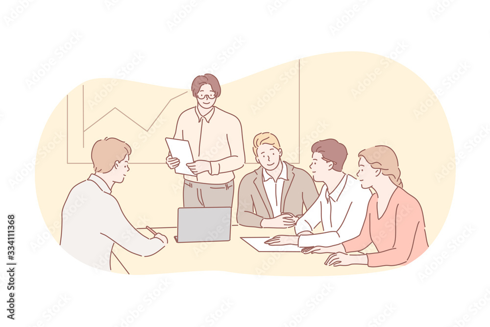 Business meeting, presentation, training, teamwork concept. Group team of business people at office meeting together. Business training presentation, profit growth demonstration. Coworking cooperation Business meeting, presentation, training, teamwork concept. Group team of business people at office meeting together. Business training presentation, profit growth demonstration. Coworking cooperation