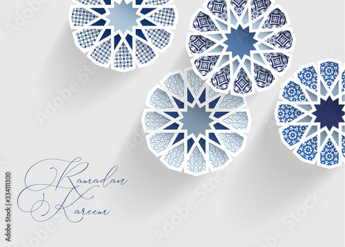 Blue ornamental arabic tiles, patterns through white cut out stars, long shadows. Greeting card, invitation for Muslim holiday Ramadan Kareem. Modern vector illustration bacground, web banner.