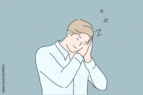 Business, sleep, fatigue, insomnia concept. Young tired businessman or boy has fatigue, sleep on workplace while standing in dreaming pose. Overworking and insomnia. Relaxation. Simple flat vector