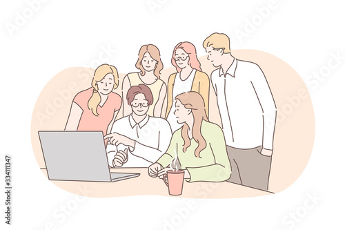 Meeting, coworking, teamwork, analysis, leadership business concept. Team of business people businessmen women partners collaborate together. Office meeting. Coworking statistic planning, training.