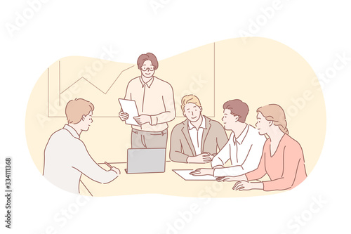 Business meeting, presentation, training, teamwork concept. Group team of business people at office meeting together. Business training presentation, profit growth demonstration. Coworking cooperation