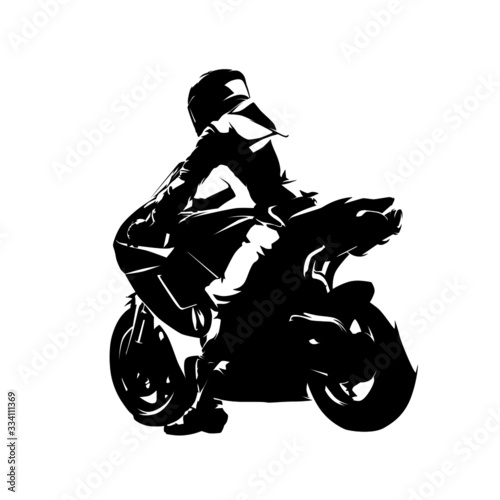 Motorbike rider, read view. Road motorcycle racing. Isolated vector silhouette. Ink drawing