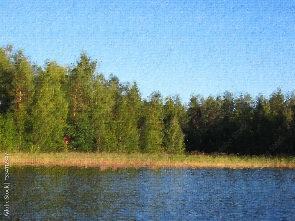 Fototapeta premium Oil painting style and abstract illustration of river and forest