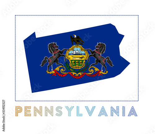 Pennsylvania Logo. Map of Pennsylvania with state name and flag. Neat vector illustration.