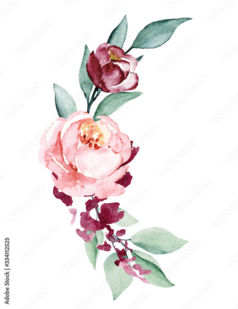 Flowers watercolor painting, pink rose bouquet for greeting card, invitation, poster, wedding decoration and other printing images. Illustration isolated on white.