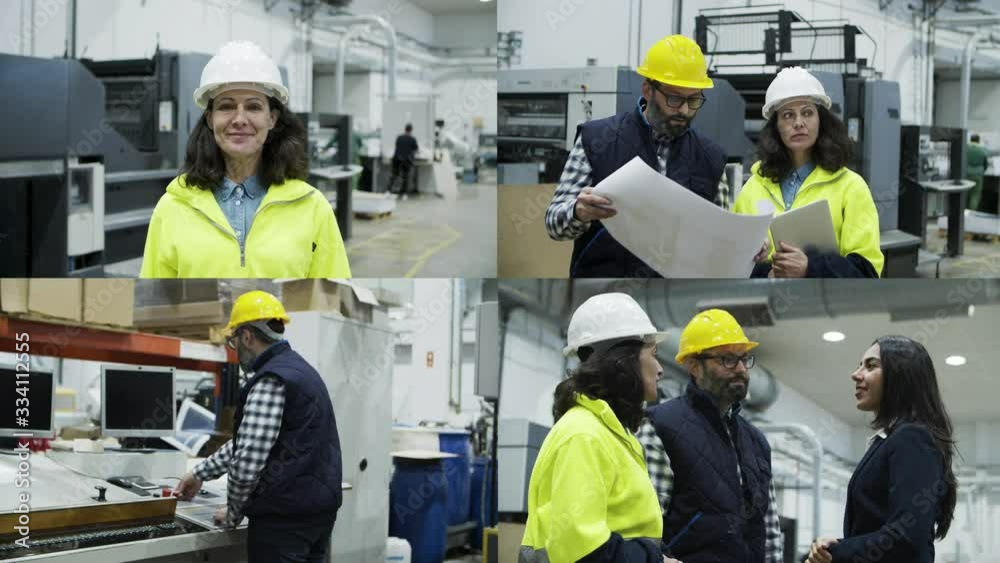 Collage of confident manufacturing engineers working at factory. Multiscreen montage, split screen collage. Print manufacturing concept Collage of confident manufacturing engineers working at factory. Multiscreen montage, split screen collage. Print manufacturing concept
