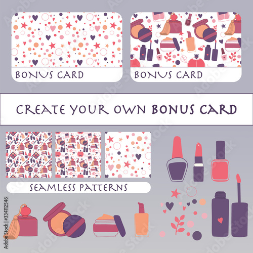 Makeup bonus card. Vector DIY template with makeup patterns and isolated objects: cream, lipstick, mascara, nail polish, perfume, lotion, lipstick, eye shadows, brush, powder. Doodle design.