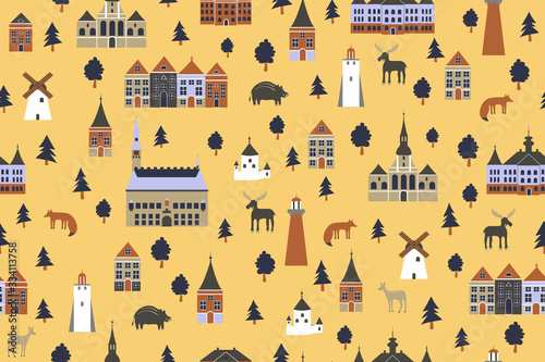 Seamless pattern, Danish travel cartoon vector landmark, flat buildings, lighthouses, trees and wild animals. Great for textile, banner, wrapping.