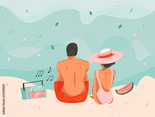 Hand drawn vector stock abstract graphic picnic illustration with a sunbathing sitting couple music boombox in ocean beach landscape isolated on colour background
