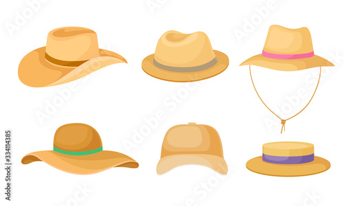 Wide Brimmed Textile Hats and Cap for Male and Female Vector Set