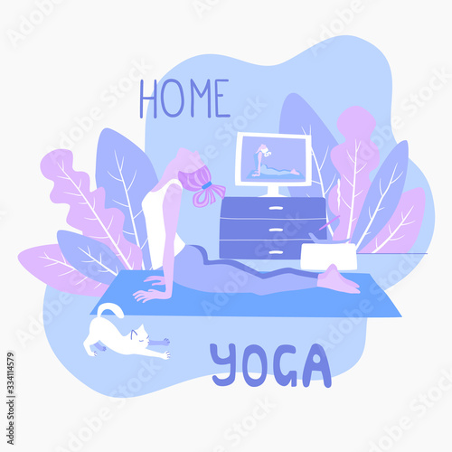 Home yoga classes online. A girl and a cat do asanas, repeating after the trainer on the screen. Hand drawn flat man quarantined isolated in  apartment. Stock vector illustration on white background.