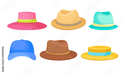 Brimmed Male and Female Hats and Caps with Ribbons Isolated on White Background Vector Set