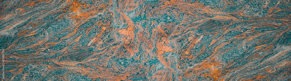 Blue turquoise orange abstract marble granite natural stone texture background banner panorama ( complementary colors )