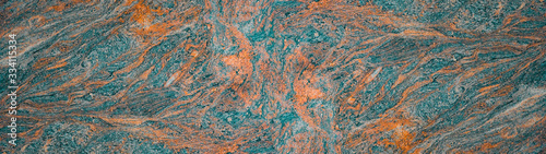 Blue turquoise orange abstract marble granite natural stone texture background banner panorama ( complementary colors )