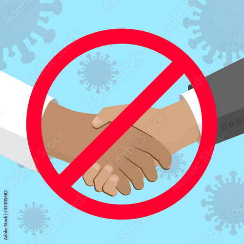 No handshake symbol with red forbidden sign, avoiding physical contact and coronavirus infection.