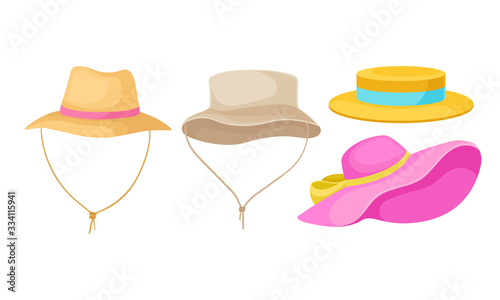Brimmed Male and Female Hats with Ribbons Isolated on White Background Vector Set