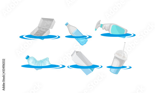 Plastic and Carton Trash Floating in the Ocean Vector Set