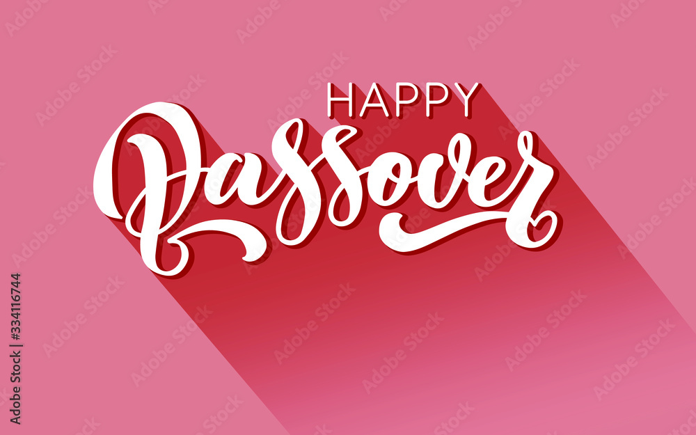 Happy Passover vector hand lettering. Jewish holiday Easter. Calligraphy template for typography poster, greeting card, banner, invitation, postcard, flyer, sticker. Illustration on pink 