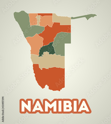 Namibia poster in retro style. Map of the country with regions in autumn color palette. Shape of Namibia with country name. Artistic vector illustration.