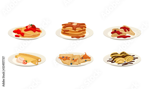 Crepes or Pancakes with Different Stuffing and Toppings Rolled and Folded on Plate Vector Set