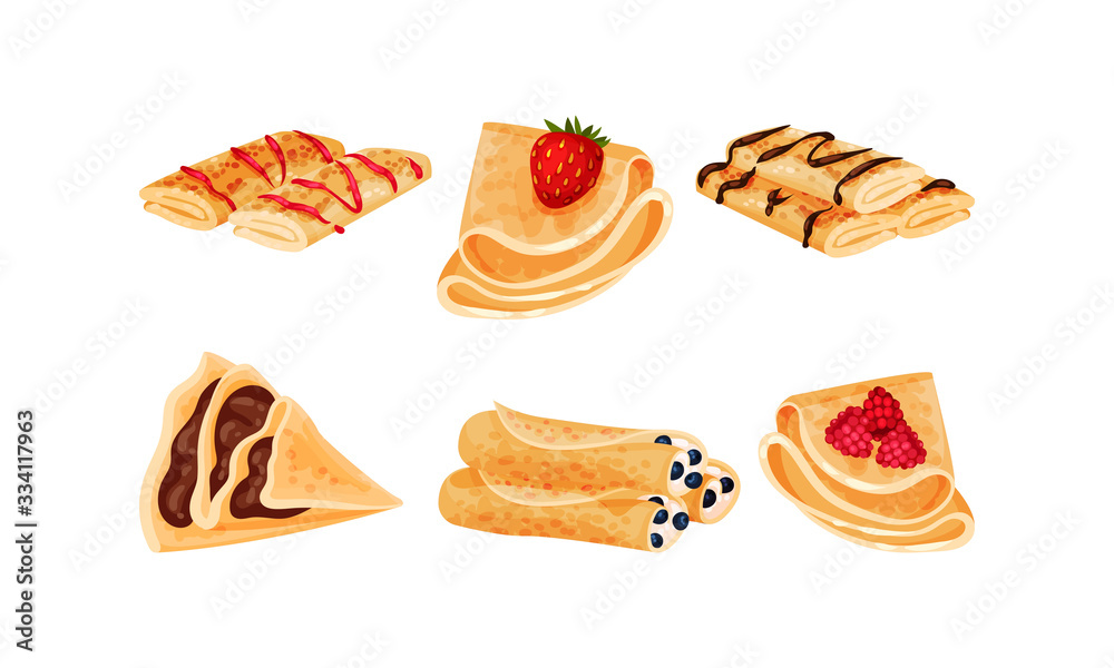 Crepes or Blinis with Different Stuffing Rolled and Folded in Triangle Shape Vector Set - obrazy, fototapety, plakaty 