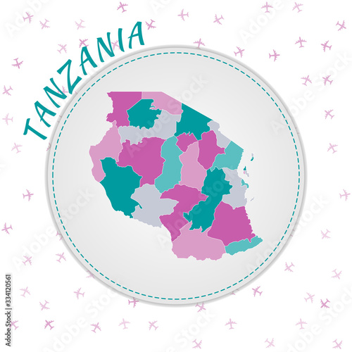 Tanzania map design. Map of the country with regions in emerald-amethyst color palette. Rounded travel to Tanzania poster with country name and airplanes background. Elegant vector illustration.
