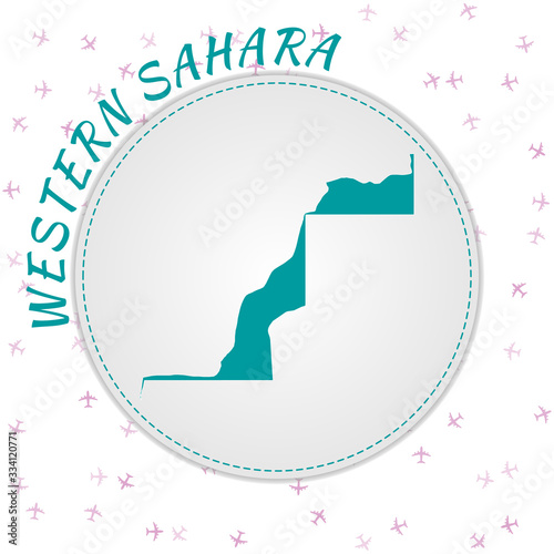 Western Sahara map design. Map of the country with regions in emerald-amethyst color palette. Rounded travel to Western Sahara poster with country name and airplanes background.