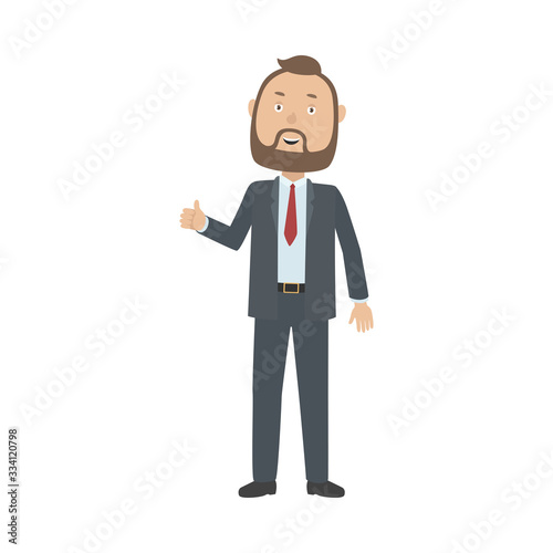 Bearded Caucasian boss showing thumbs up. Vector illustration.