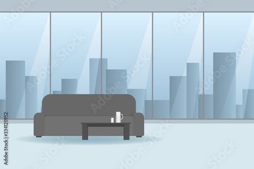 Sofa in room with large window. Vector illustration.