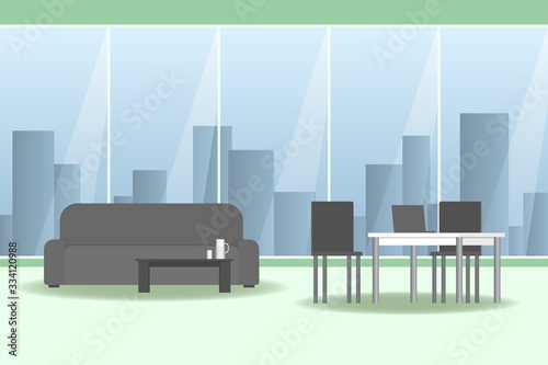 Couch in office room with large window. Vector illustration.