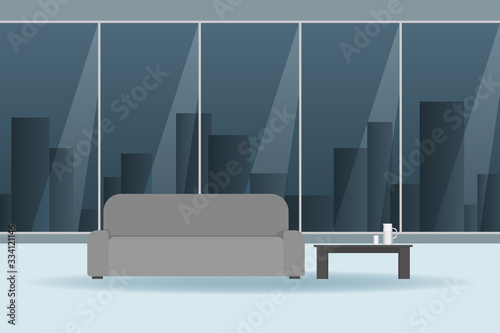 Couch and coffee table in room with large window. Vector illustration.