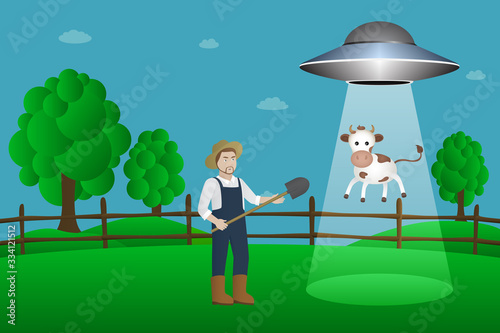 Flying saucer abducts cow. Vector illustration.