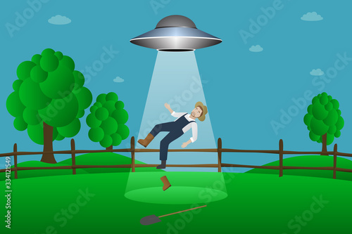 Flying saucer abducts farmer. Vector illustration.