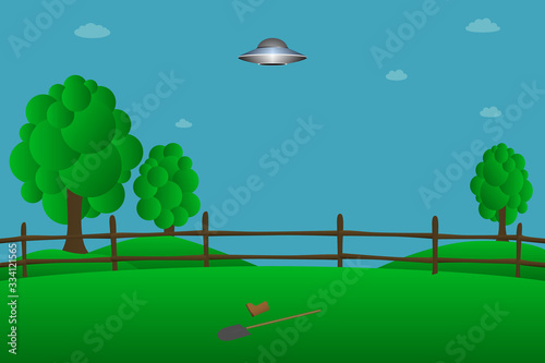 UFO flies away from farm. Vector illustration.