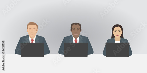 People of diverse nationalities working on laptops. Teamwork. Vector illustration.