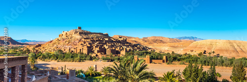 Panorama view of the fortified town of Ait-Ben-Haddou near Ouarzazate on the edge of the sahara desert in Morocco. Copy space for text.