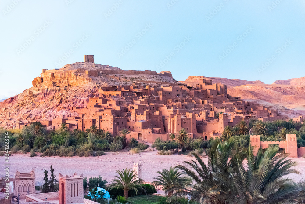 The fortified town of Ait-Ben-Haddou near Ouarzazate on the edge of the sahara desert in Morocco. Copy space for text.