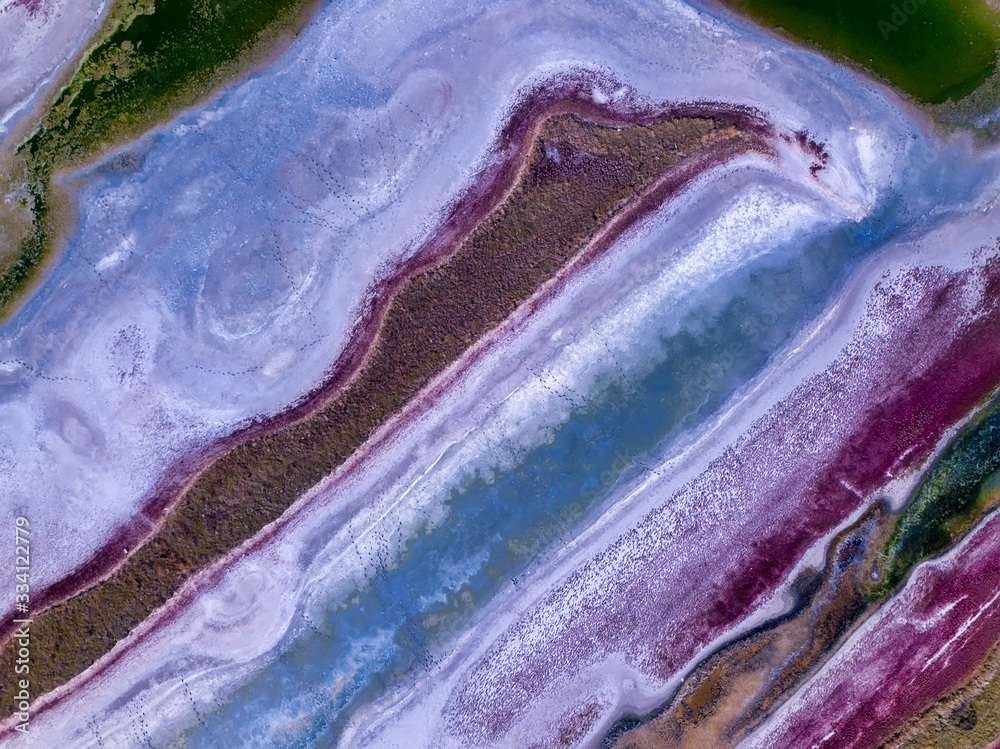 Obraz premium Amazing beauty of drying urortnoe estuary from bird's flight. Top view of coastal zone of ecological reserve Curortnoe estuary, Odessa, Ukraine. Aerial view from drone to sea estuaries in suburban