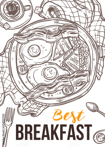 Breakfast time and lunch food vector doodle poster. Hand drawn sketch design. Freehand illustration with egg  pan  bread and coffee