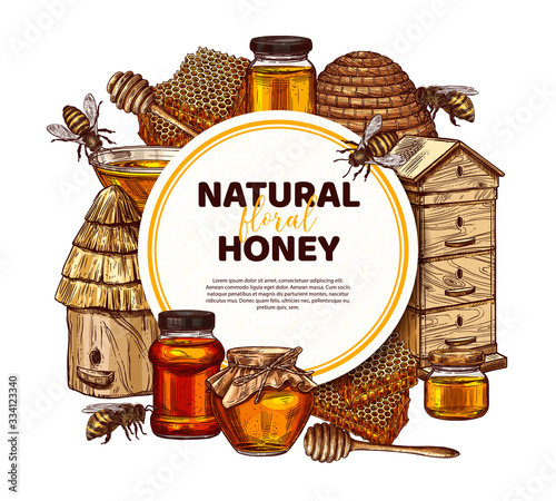 Hand drawn vector honey background. Circle poster or label with sketch illustrations for beekeeping, apiculture and mead company and business. Bees, wooden and straw hives, honey spoon, honeycomb, jar