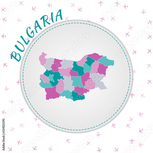 Bulgaria map design. Map of the country with regions in emerald-amethyst color palette. Rounded travel to Bulgaria poster with country name and airplanes background. Amazing vector illustration.