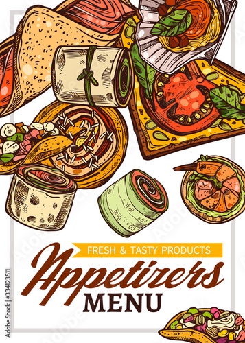 Hand drawn vector poster or design template for finger food menu. Sketch food illustration with appetizers and catering