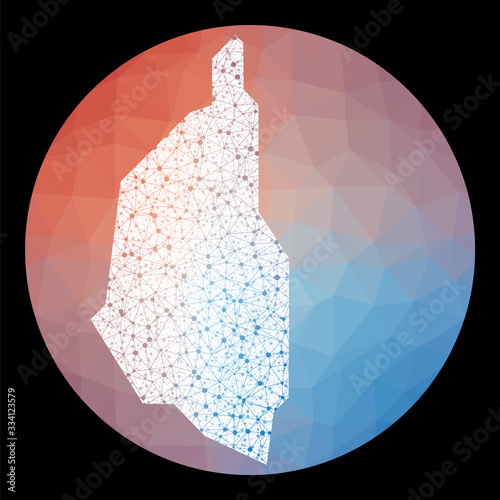 Vector network Kapas Island map. Map of the island with low poly background. Rounded Kapas Island illustration in technology, internet, network, telecommunication concept style.