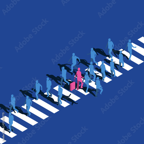 Isometric Illustration of many people are walking on the zebra cross. these is a pink traveller is in group of blue people.